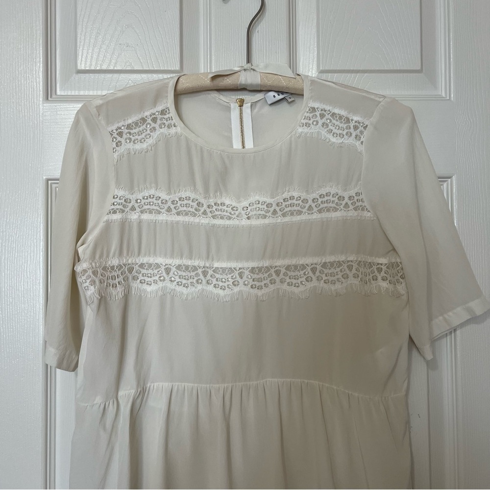 Sandro White Cream Silk Lace Lightweight Flowy Peplum Short Sleeve Blouse - Sz 2 - Picture 5 of 14